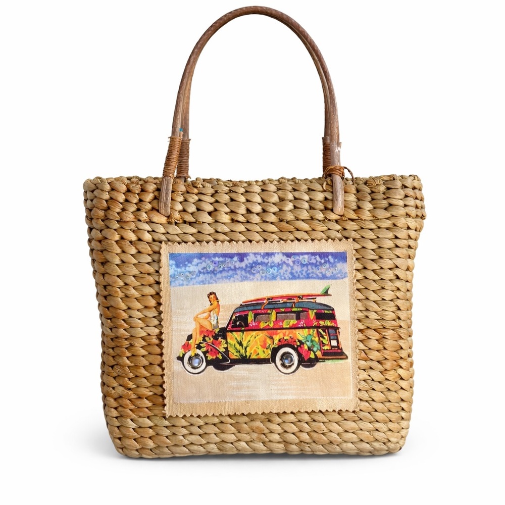 Woven Beach Tote with Surf Van Design